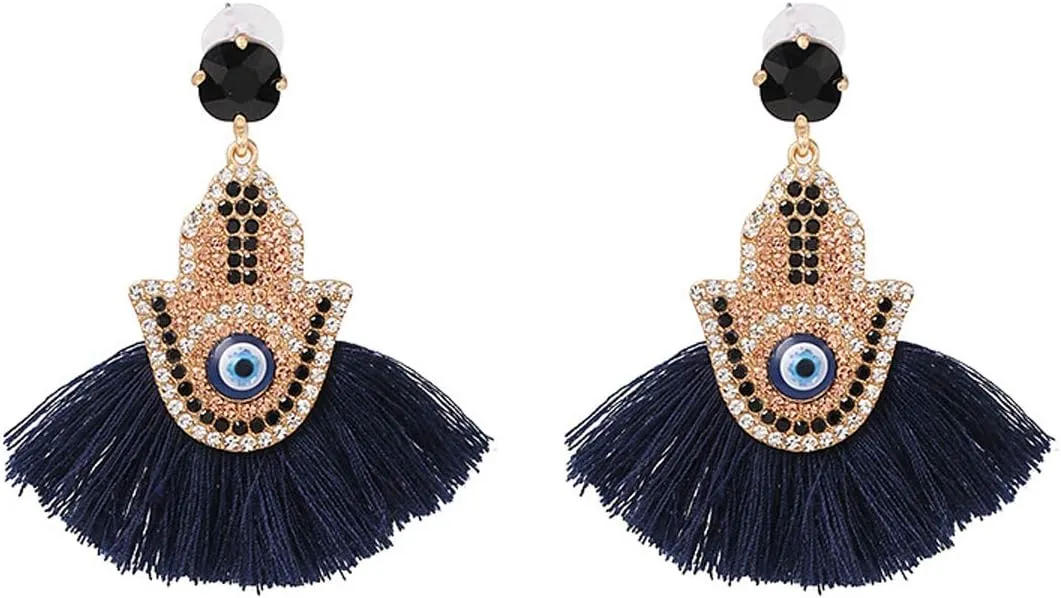 Handmade Women Hand Evil Eyes Tassel Statement Handmade Dangle Fringe Palm Earrings Multicolor Crystal Beaded Wedding Party Gifts-C black