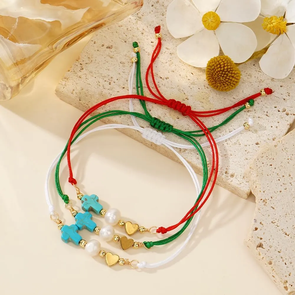 Heart Cross Pearl Braided Adjustable Bracelet for Women, Handmade Boho Gold Plated Beads Bracelet Statement Minimalism Birthday Jewelry Gift Friendship