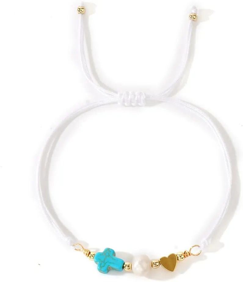 Heart Cross Pearl Braided Adjustable Bracelet for Women, Handmade Boho Gold Plated Beads Bracelet Statement Minimalism Birthday Jewelry Gift Friendship