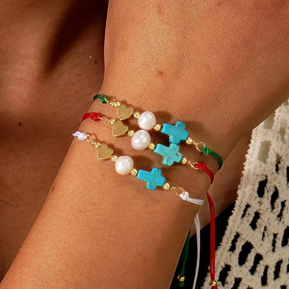 Heart Cross Pearl Braided Adjustable Bracelet for Women, Handmade Boho Gold Plated Beads Bracelet Statement Minimalism Birthday Jewelry Gift Friendship