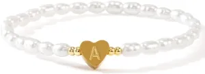 Heart Initial Pearl Beaded Bracelet for Women,Handmade Dainty Gold Plated A-Z Stretch Bracelet Trendy Birthday Jewelry Gift