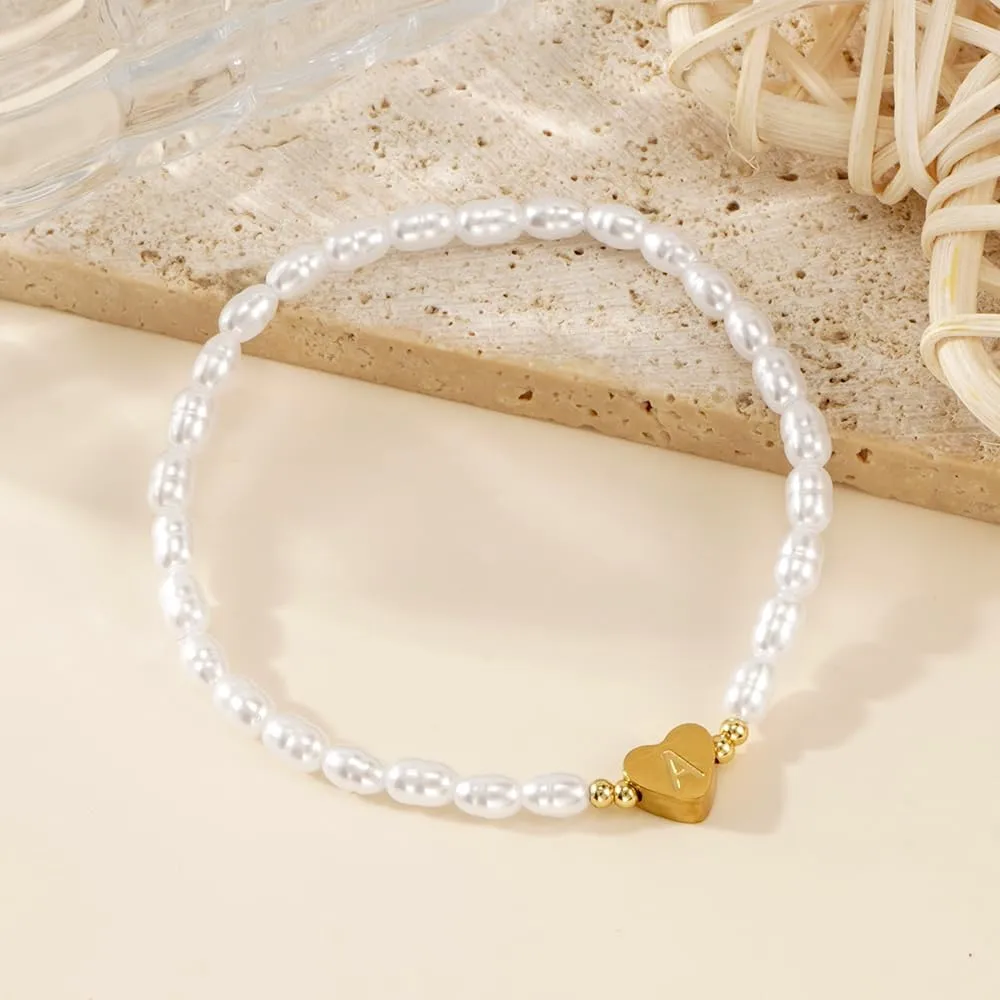 Heart Initial Pearl Beaded Bracelet for Women,Handmade Dainty Gold Plated A-Z Stretch Bracelet Trendy Birthday Jewelry Gift