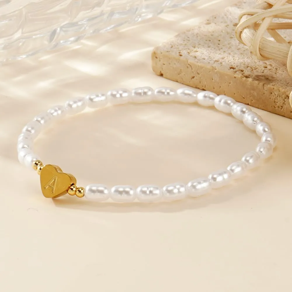 Heart Initial Pearl Beaded Bracelet for Women,Handmade Dainty Gold Plated A-Z Stretch Bracelet Trendy Birthday Jewelry Gift