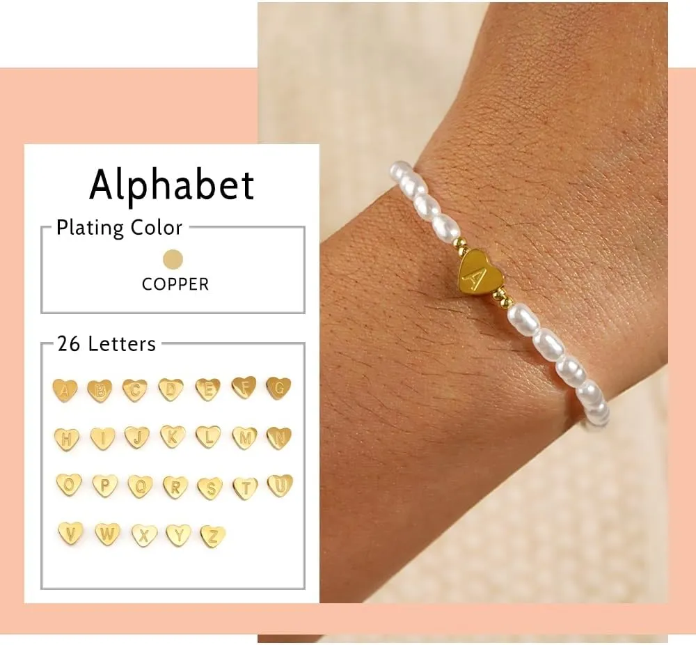 Heart Initial Pearl Beaded Bracelet for Women,Handmade Dainty Gold Plated A-Z Stretch Bracelet Trendy Birthday Jewelry Gift