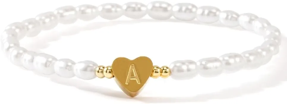 Heart Initial Pearl Beaded Bracelet for Women,Handmade Dainty Gold Plated A-Z Stretch Bracelet Trendy Birthday Jewelry Gift