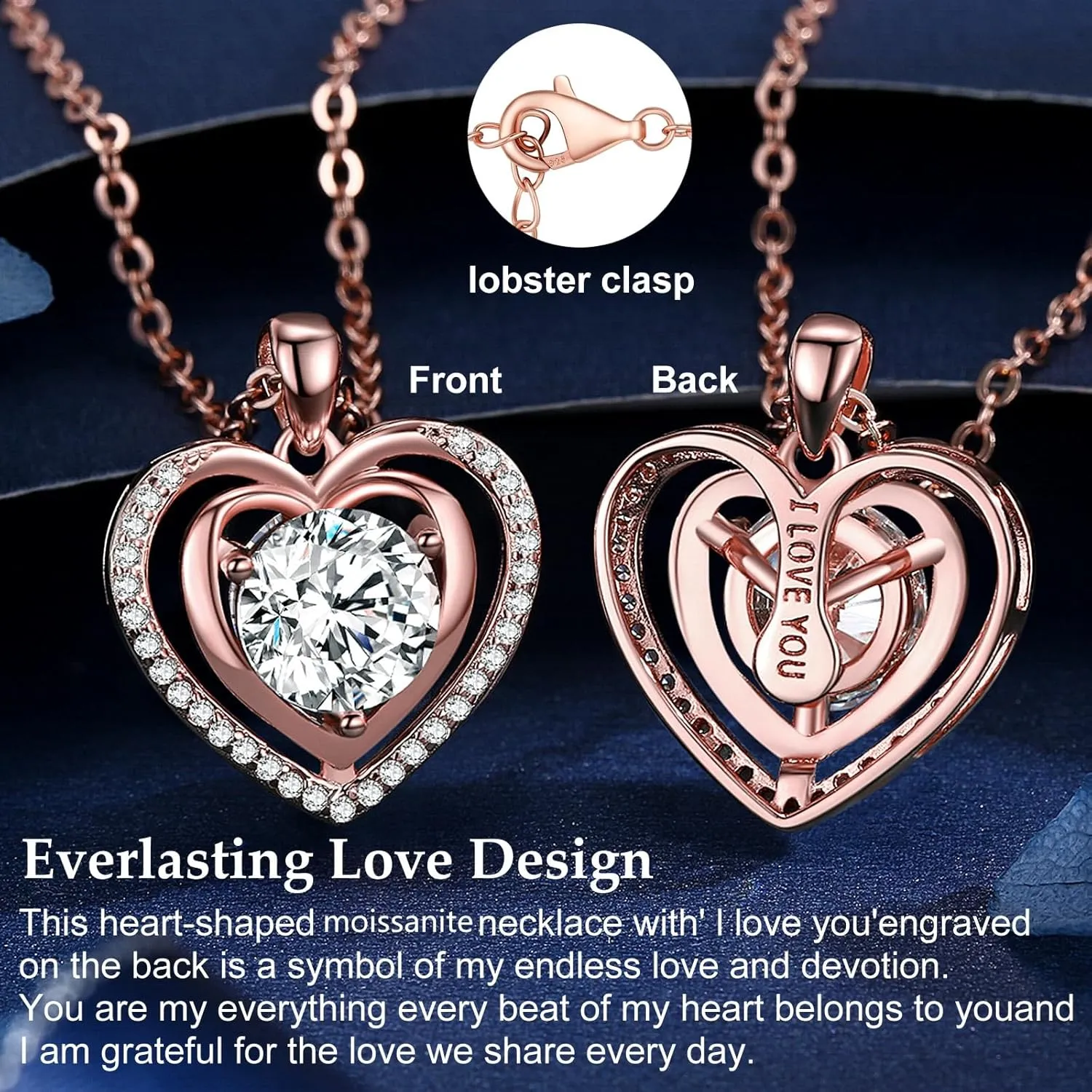Heart Pendant Gold Necklace for Women Moissanite Lab-Created Gem I Love You Wedding Anniversary Birthday Christmas Valentine Engagements Mothers Day Jewelry for Wife Her Girlfriend Mom Daughter