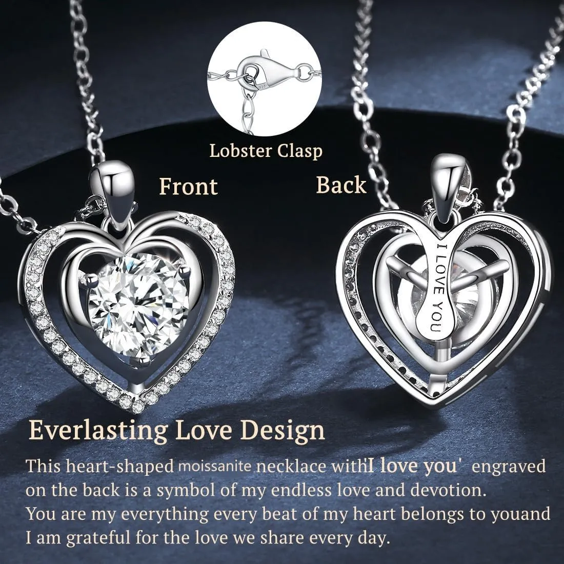Heart Pendant Gold Necklace for Women Moissanite Lab-Created Gem I Love You Wedding Anniversary Birthday Christmas Valentine Engagements Mothers Day Jewelry for Wife Her Girlfriend Mom Daughter