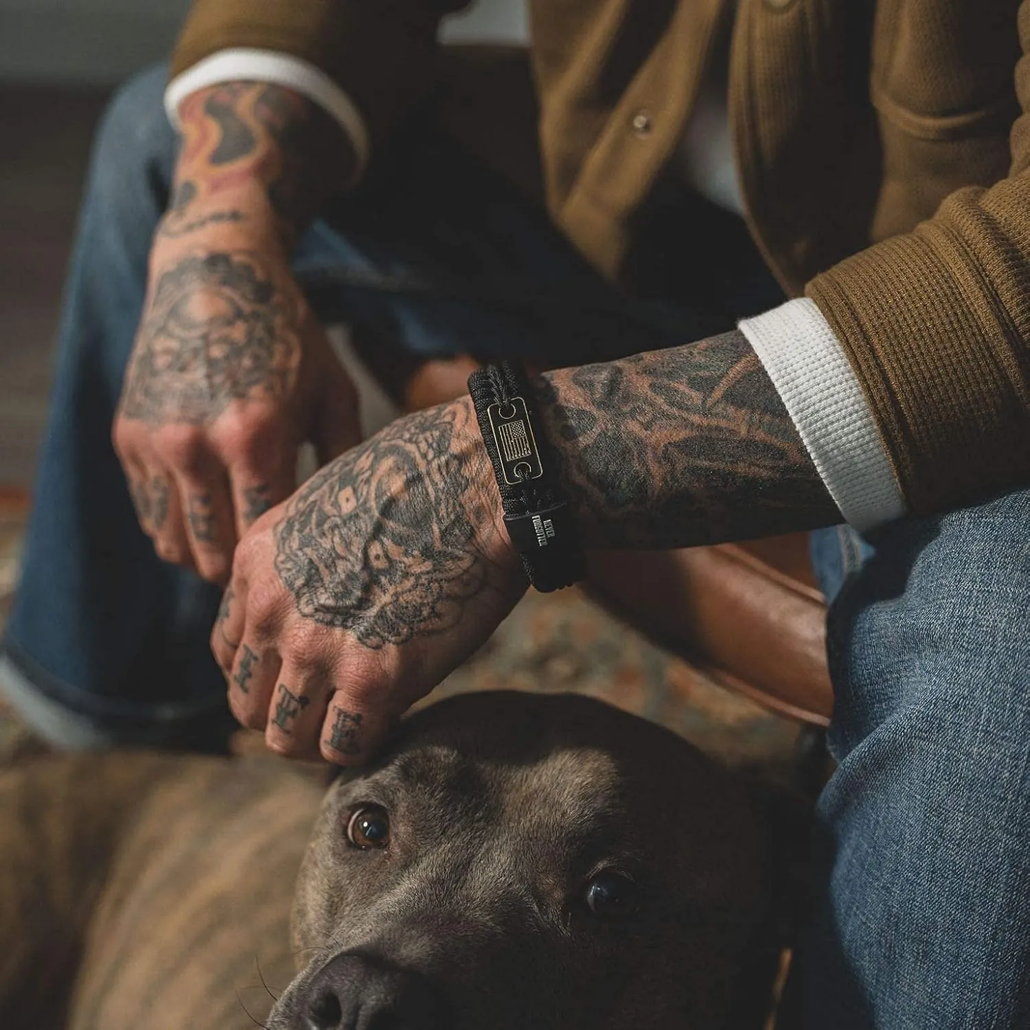 Hero Company Never Forgotten Paracord Bracelet - Tactical Survival Bracelet for Men with Bronze USA Flag - Helps Pair Military Veterans with a Companion Dog
