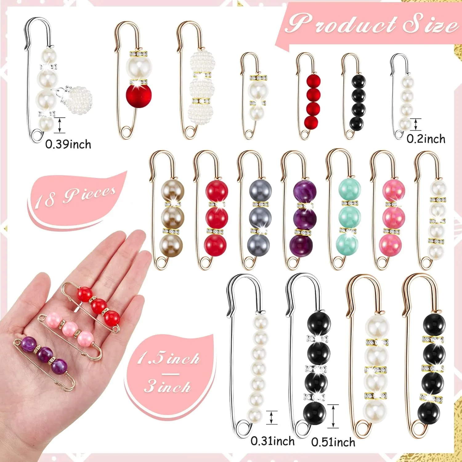 Hicarer 18 Piece Pearl Brooch Pins Women Decorative Safety Pins Clothing Shawl Clips Artificial Pearls Brooch Elegant Cardigan Collar Clips for Women Dress Skirt Sweater(Bright Style)