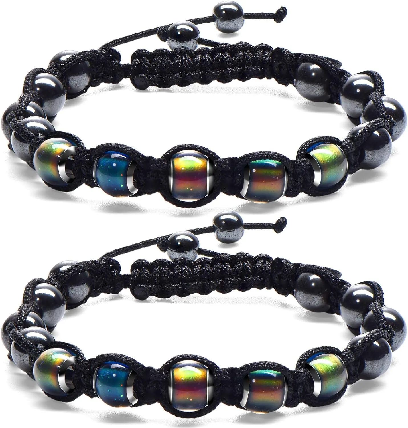 Hicarer Adjustable Mood Bracelet for Women 2 Pieces Dazzling Shimmer Color Changing Beads Based on Emotions Thermochromic Bead Bracelets Christmas Gift for Adult (Black Rope)