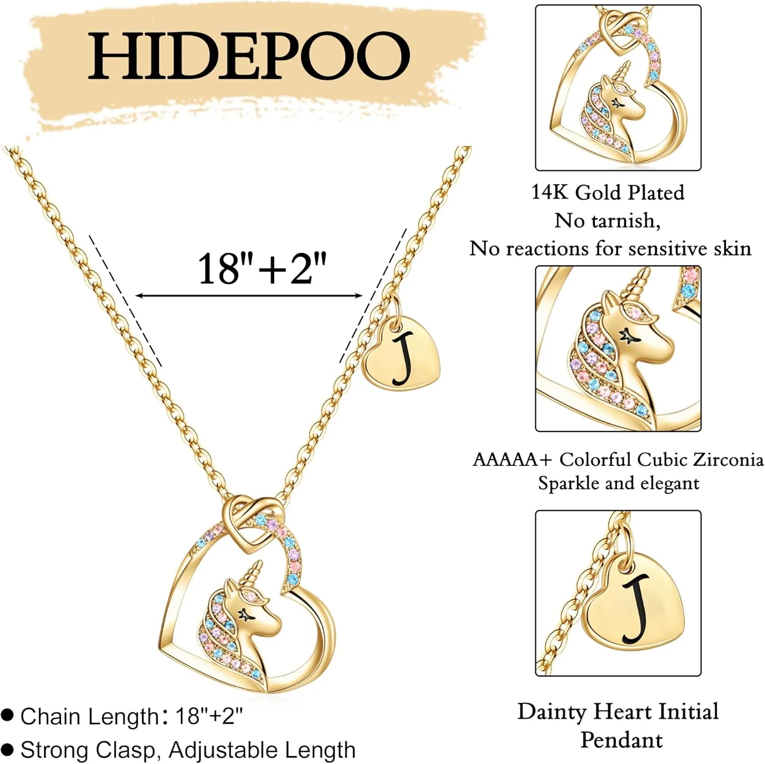 Hidepoo Unicorn Necklace Gifts, 14K Gold/White Gold/Rose Plated Cubic Zirconia Heart Pendant Initial Unicorn Necklace Jewelry Birthday Gifts