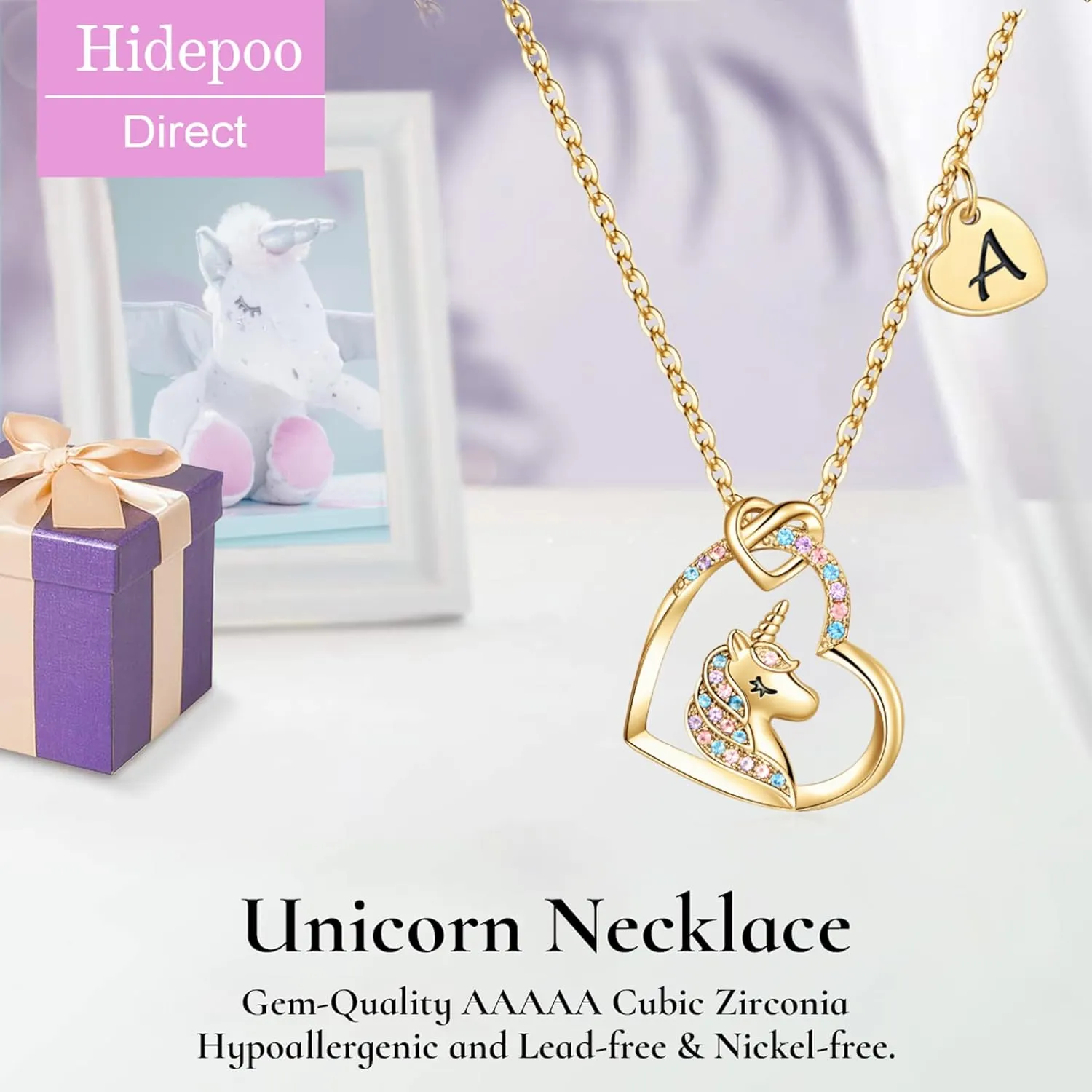 Hidepoo Unicorn Necklace Gifts, 14K Gold/White Gold/Rose Plated Cubic Zirconia Heart Pendant Initial Unicorn Necklace Jewelry Birthday Gifts