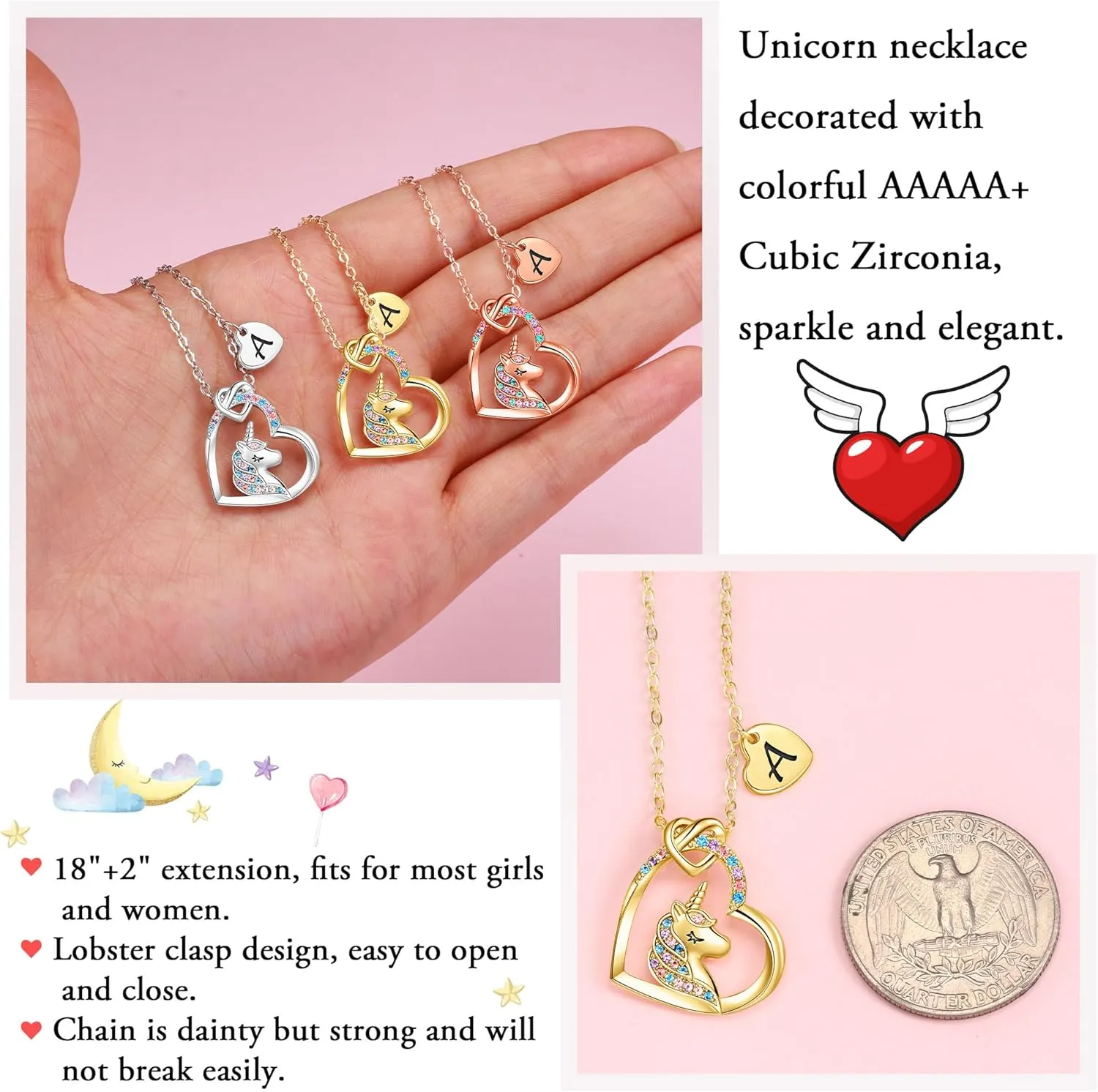 Hidepoo Unicorn Necklace Gifts, 14K Gold/White Gold/Rose Plated Cubic Zirconia Heart Pendant Initial Unicorn Necklace Jewelry Birthday Gifts