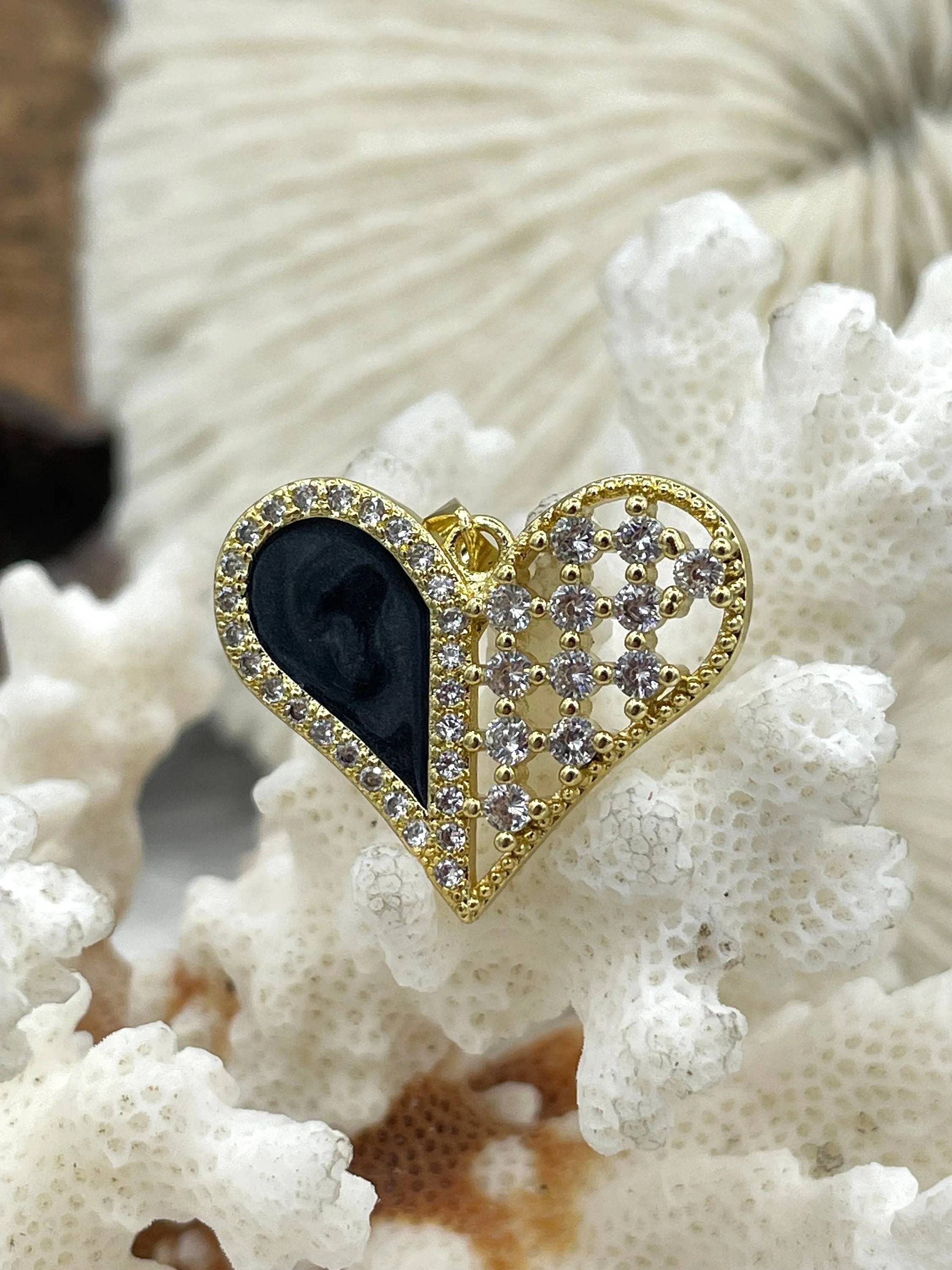 High Quality Brass Colorful Enamel Heart Pendants with CZ, CZ Micro PAVE Charm, 3 Colors, Black, Purple, and Pink, Fast Shipping