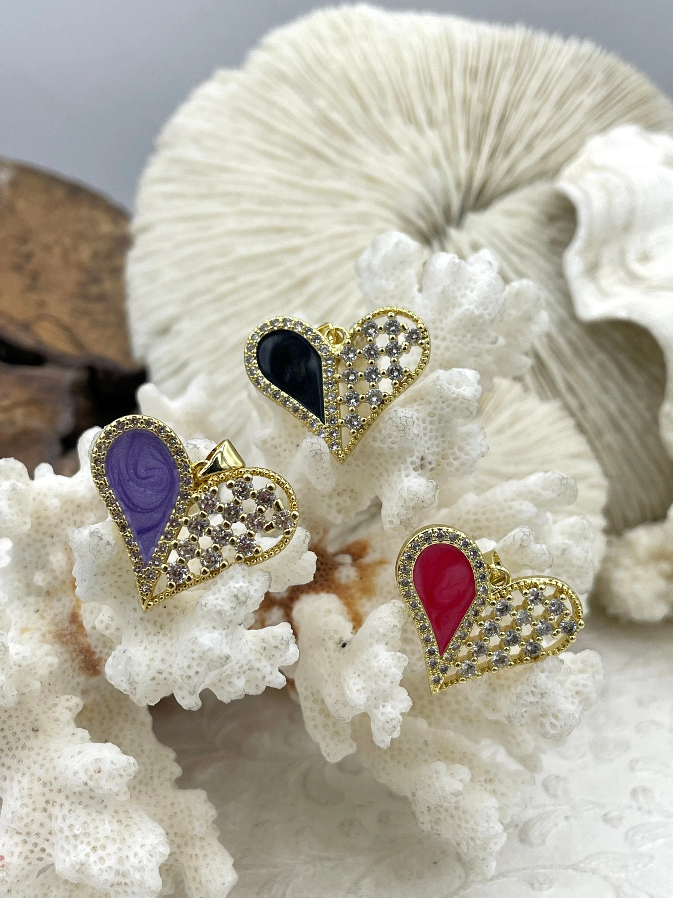 High Quality Brass Colorful Enamel Heart Pendants with CZ, CZ Micro PAVE Charm, 3 Colors, Black, Purple, and Pink, Fast Shipping
