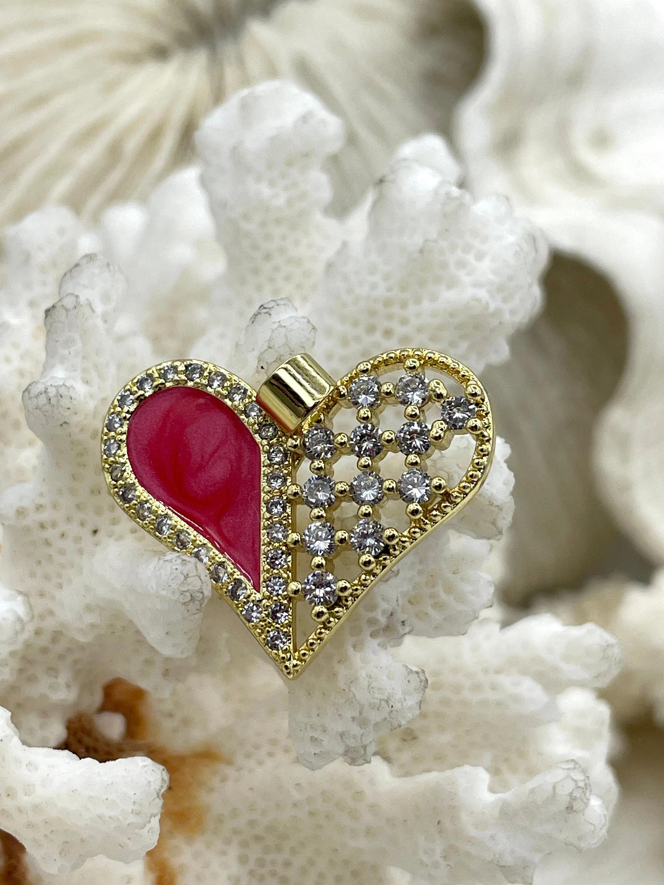 High Quality Brass Colorful Enamel Heart Pendants with CZ, CZ Micro PAVE Charm, 3 Colors, Black, Purple, and Pink, Fast Shipping