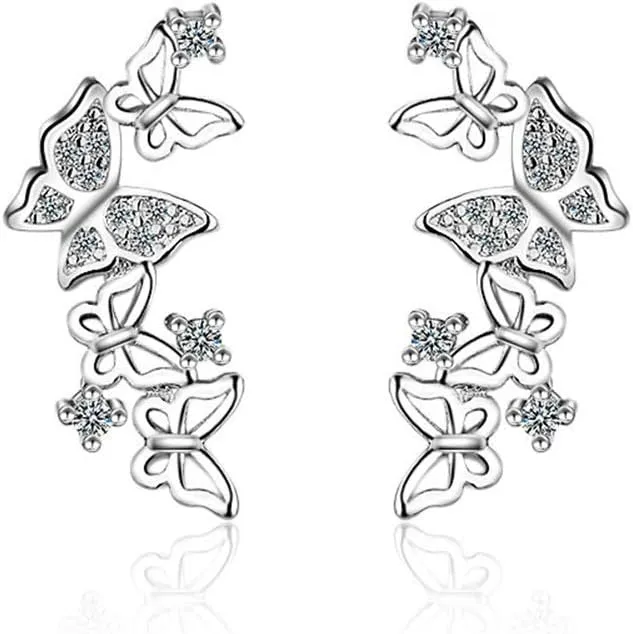 Hollow Filigree Butterfly CZ Cuff Wrap Studs Earrings for Women Girls Pierced Ear Sterling Silver Plated Fashion Cubic Zirconia Cute Crawler Climber Post Hypoallergenic Jewelry Gifts