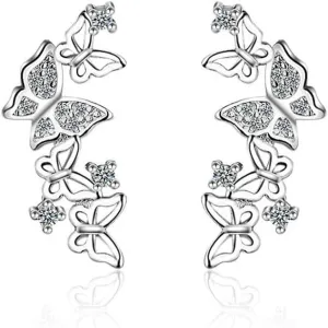 Hollow Filigree Butterfly CZ Cuff Wrap Studs Earrings for Women Girls Pierced Ear Sterling Silver Plated Fashion Cubic Zirconia Cute Crawler Climber Post Hypoallergenic Jewelry Gifts