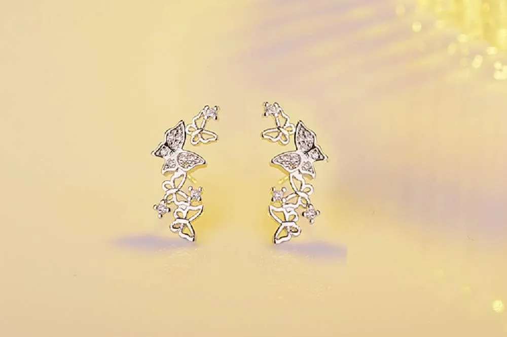 Hollow Filigree Butterfly CZ Cuff Wrap Studs Earrings for Women Girls Pierced Ear Sterling Silver Plated Fashion Cubic Zirconia Cute Crawler Climber Post Hypoallergenic Jewelry Gifts