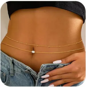 Honsny 2PCS 25-43Inch 18K Gold Plated Waist Chain Minimalist Pearl Belly Body Chain Gold Layered Sexy Bikini Body Chains Waist Jewelry for Women