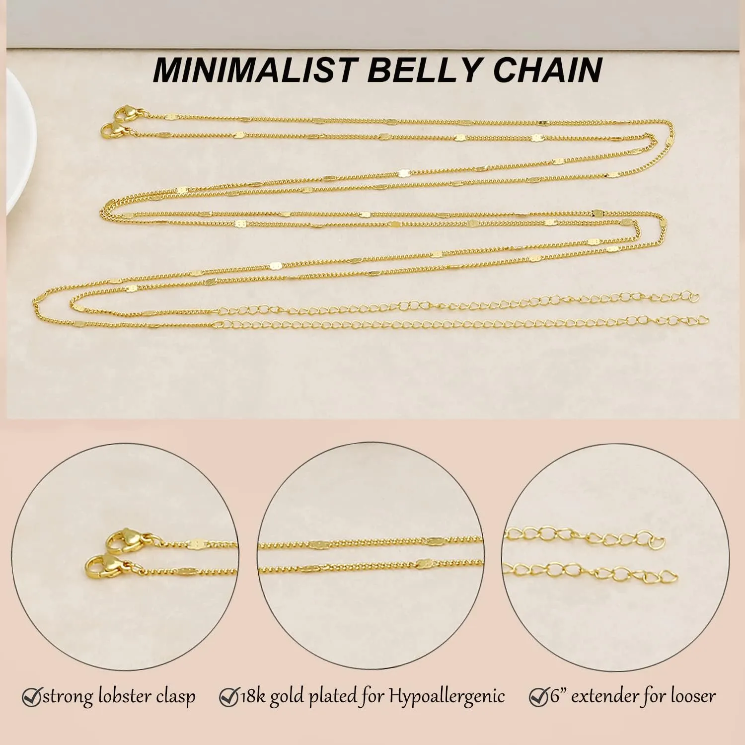 Honsny 2PCS 25-43Inch 18K Gold Plated Waist Chain Minimalist Pearl Belly Body Chain Gold Layered Sexy Bikini Body Chains Waist Jewelry for Women