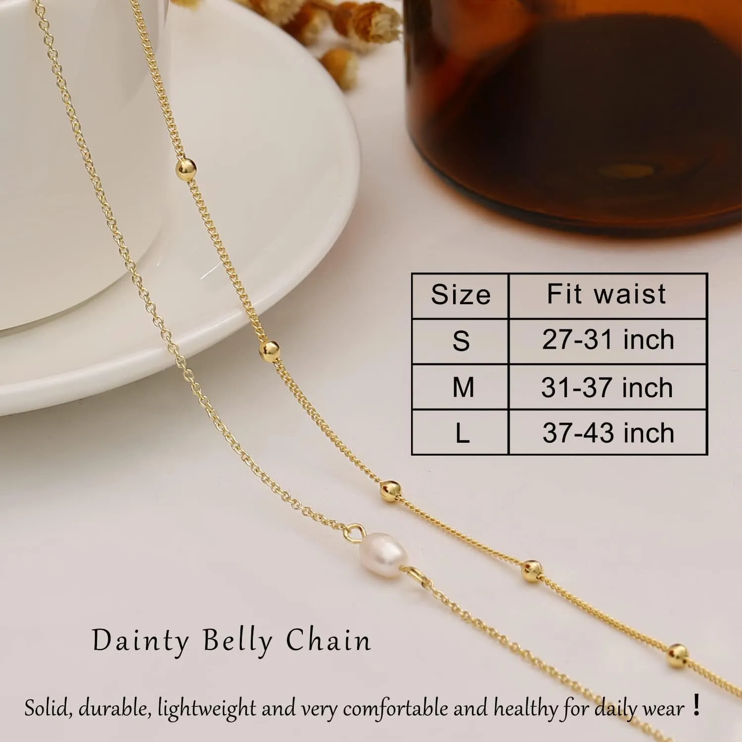 Honsny 2PCS 25-43Inch 18K Gold Plated Waist Chain Minimalist Pearl Belly Body Chain Gold Layered Sexy Bikini Body Chains Waist Jewelry for Women