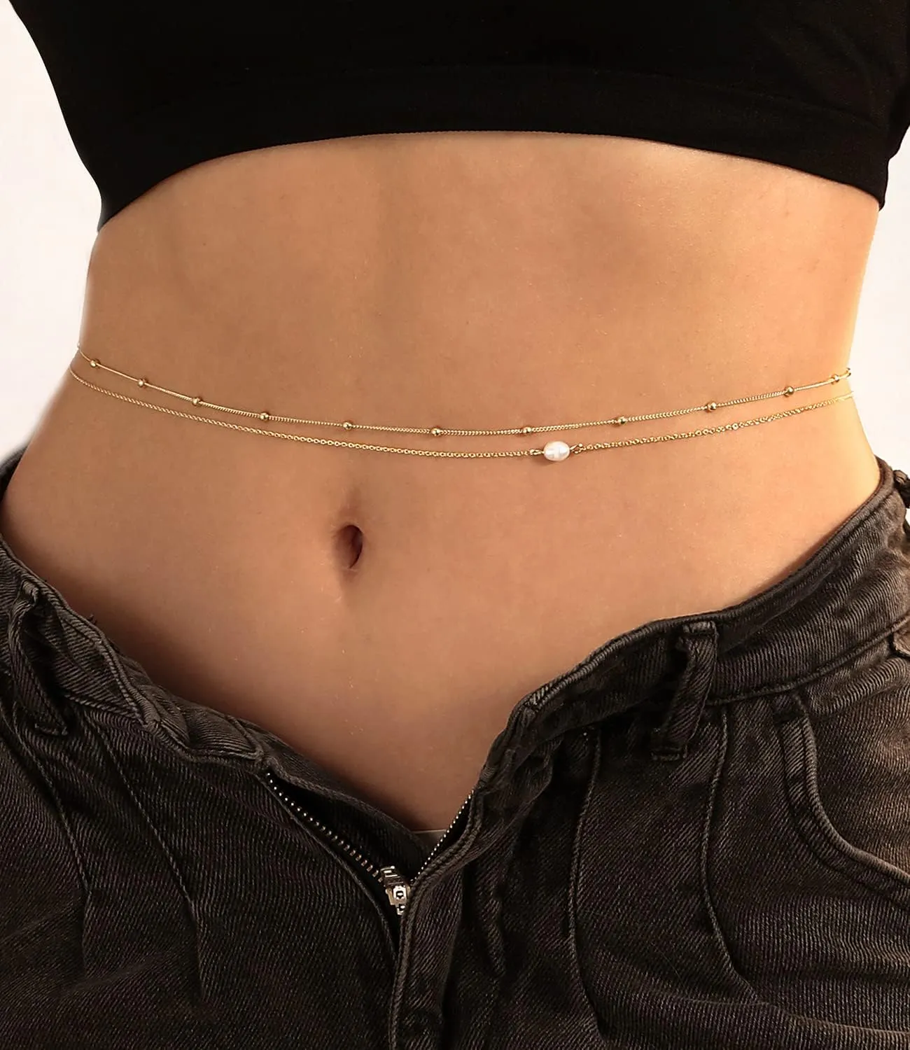 Honsny 2PCS 25-43Inch 18K Gold Plated Waist Chain Minimalist Pearl Belly Body Chain Gold Layered Sexy Bikini Body Chains Waist Jewelry for Women