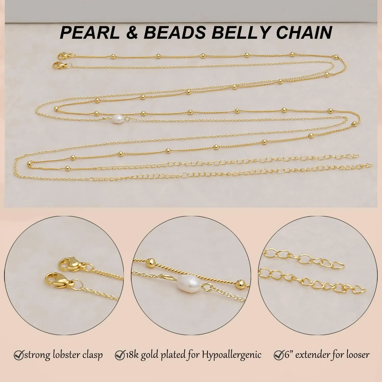 Honsny 2PCS 25-43Inch 18K Gold Plated Waist Chain Minimalist Pearl Belly Body Chain Gold Layered Sexy Bikini Body Chains Waist Jewelry for Women