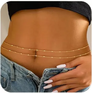 Honsny 2PCS 25-43Inch 18K Gold Plated Waist Chain Minimalist Pearl Belly Body Chain Gold Layered Sexy Bikini Body Chains Waist Jewelry for Women