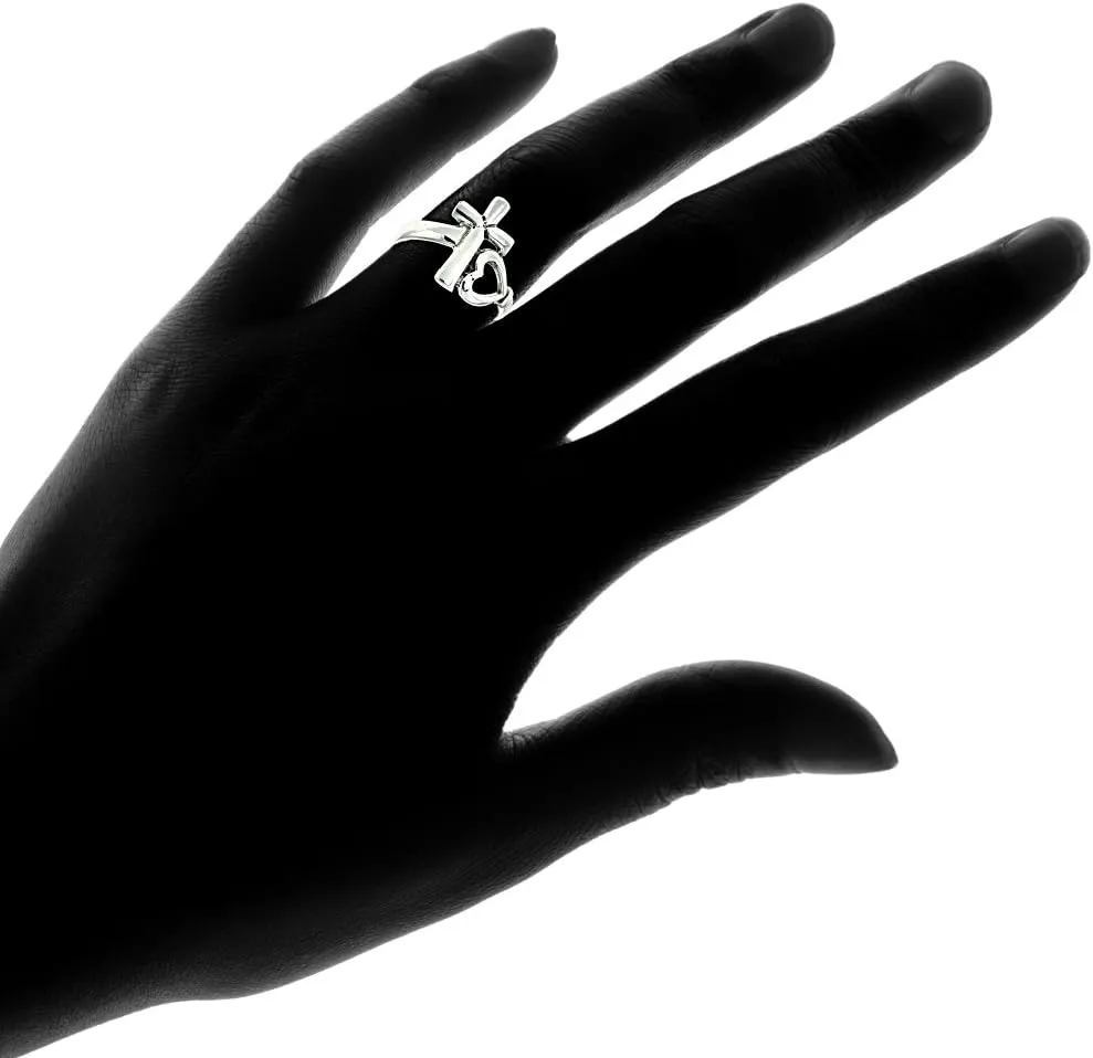 Hoops & Loops 925 Sterling Silver Cross and Sideways Open Heart Statement Fashion Christian Spiritual Ring for Women Men