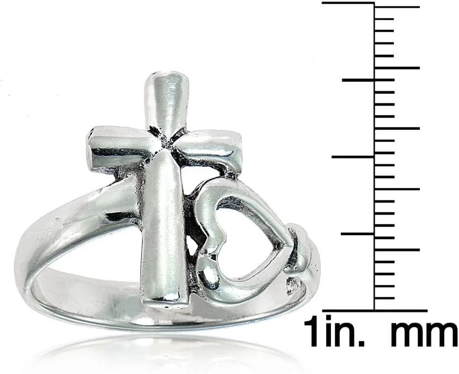 Hoops & Loops 925 Sterling Silver Cross and Sideways Open Heart Statement Fashion Christian Spiritual Ring for Women Men