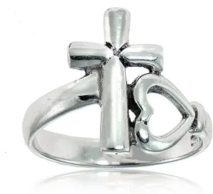 Hoops & Loops 925 Sterling Silver Cross and Sideways Open Heart Statement Fashion Christian Spiritual Ring for Women Men