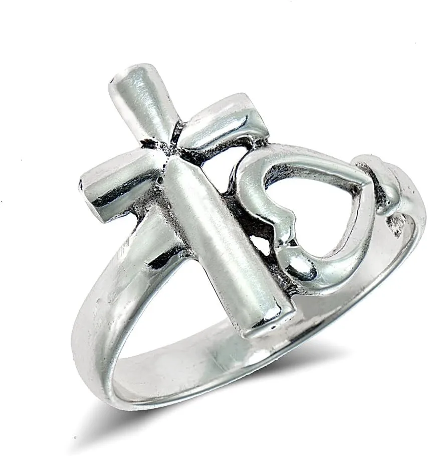 Hoops & Loops 925 Sterling Silver Cross and Sideways Open Heart Statement Fashion Christian Spiritual Ring for Women Men