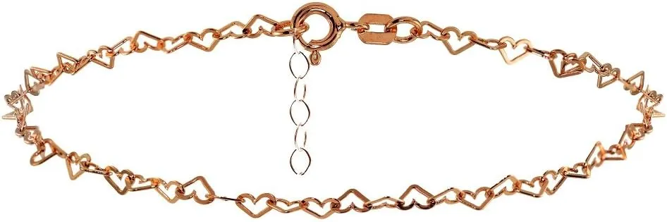 Hoops & Loops 925 Sterling Silver Open Heart Link Chain Anklet Bracelet for Women, Silver, Yellow & Rose Gold