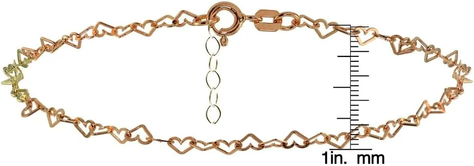 Hoops & Loops 925 Sterling Silver Open Heart Link Chain Anklet Bracelet for Women, Silver, Yellow & Rose Gold