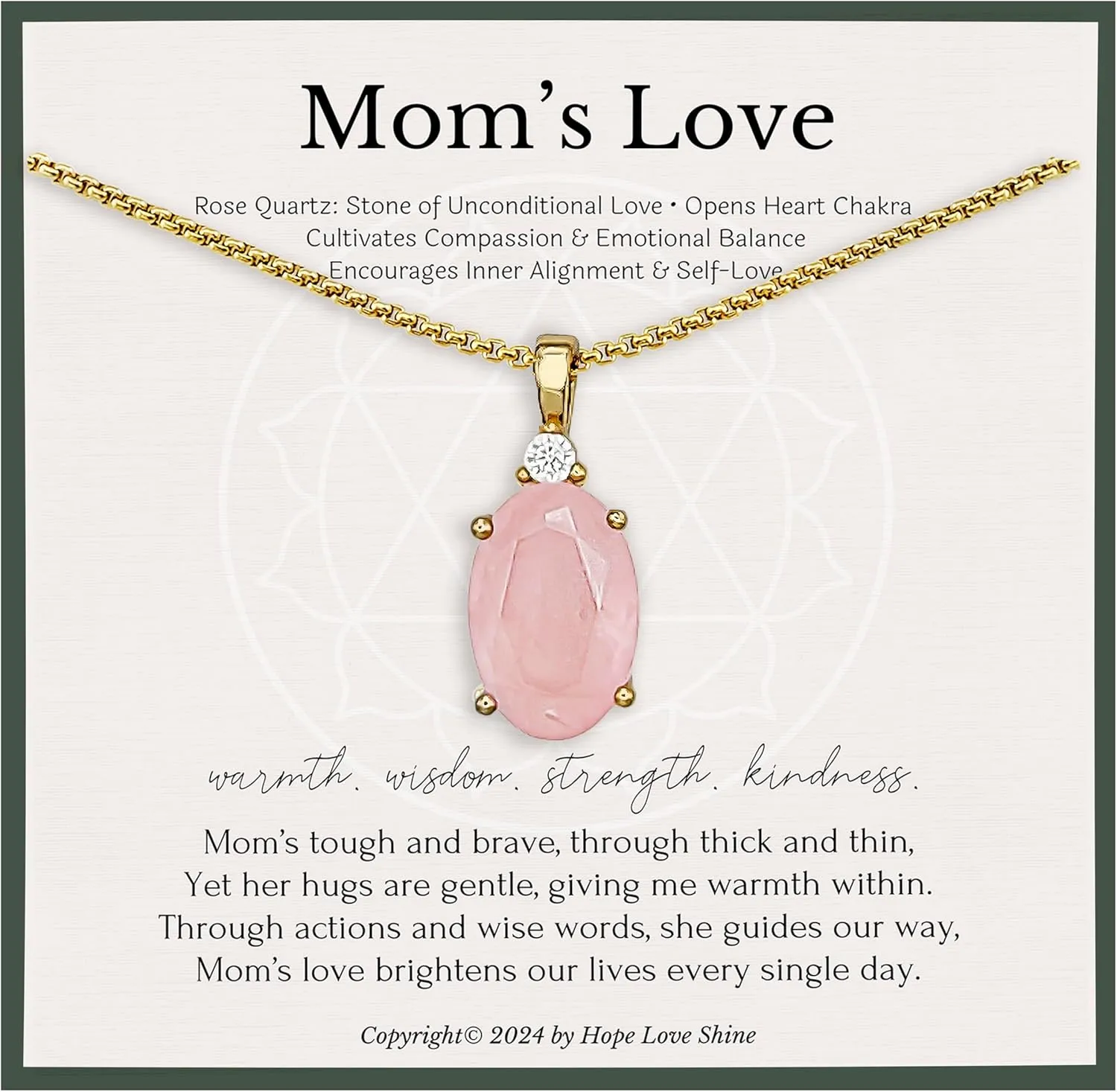 Hope Love Shine Mom's Love Rose Quartz Necklace, 18k Gold-Plated Stainless Steel Anniversary, Mother's Day, Birthday for Women  Non-Tarnish Gemstone Women's Jewelry