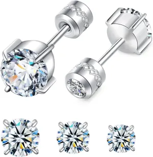 Hopply 3 Pairs Hypoallergenic Titanium Earrings for Sensitive Ears,Screw Back Surgical Stainless Steel 5A Cubic Zirconia Piercing Sleeper Stud Earrings
