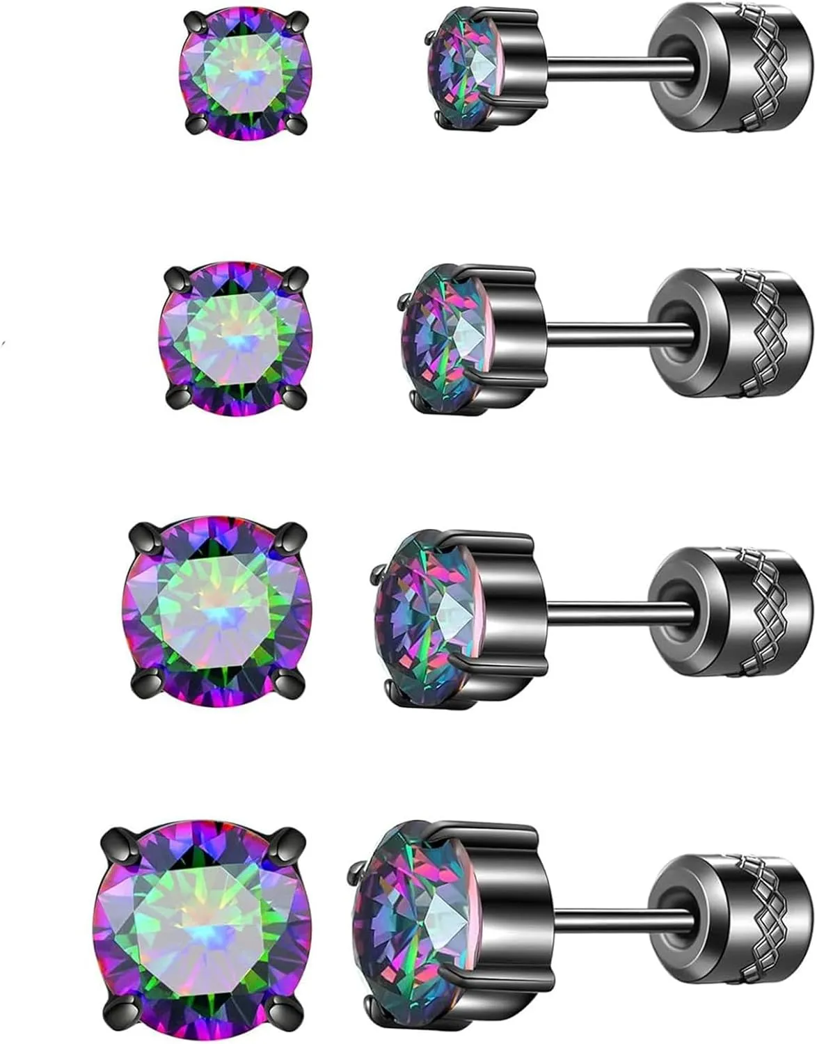 Hopply 4 Pairs Stud Earrings for Women Mens,Hypoallergenic Titanium Screw Back Surgical Stainless Steel 5A Cubic Zirconia Double Side Earrings Piercing Sleeper Studs Jewelry