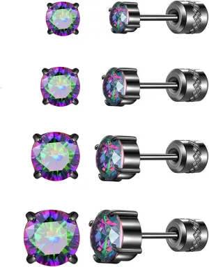 Hopply 4 Pairs Stud Earrings for Women Mens,Hypoallergenic Titanium Screw Back Surgical Stainless Steel 5A Cubic Zirconia Double Side Earrings Piercing Sleeper Studs Jewelry