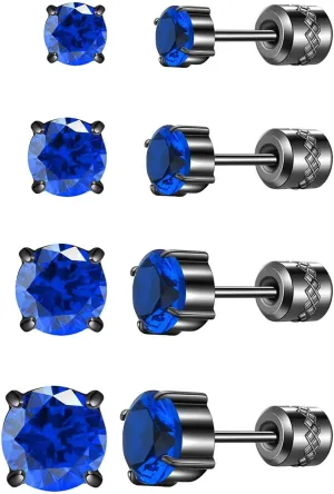 Hopply 4 Pairs Stud Earrings for Women Mens,Hypoallergenic Titanium Screw Back Surgical Stainless Steel 5A Cubic Zirconia Double Side Earrings Piercing Sleeper Studs Jewelry