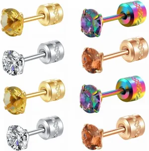 Hopply 4 Pairs Stud Earrings Set for Women Mens,Hypoallergenic Screw Back Titanium Surgical Stainless Steel 5A Cubic Zirconia Double Side Earrings Piercing Sleeper Studs Jewelry