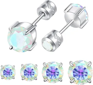 Hopply 4 Pairs Stud Earrings Set for Women Mens,Hypoallergenic Screw Back Titanium Surgical Stainless Steel 5A Cubic Zirconia Double Side Earrings Piercing Sleeper Studs Jewelry