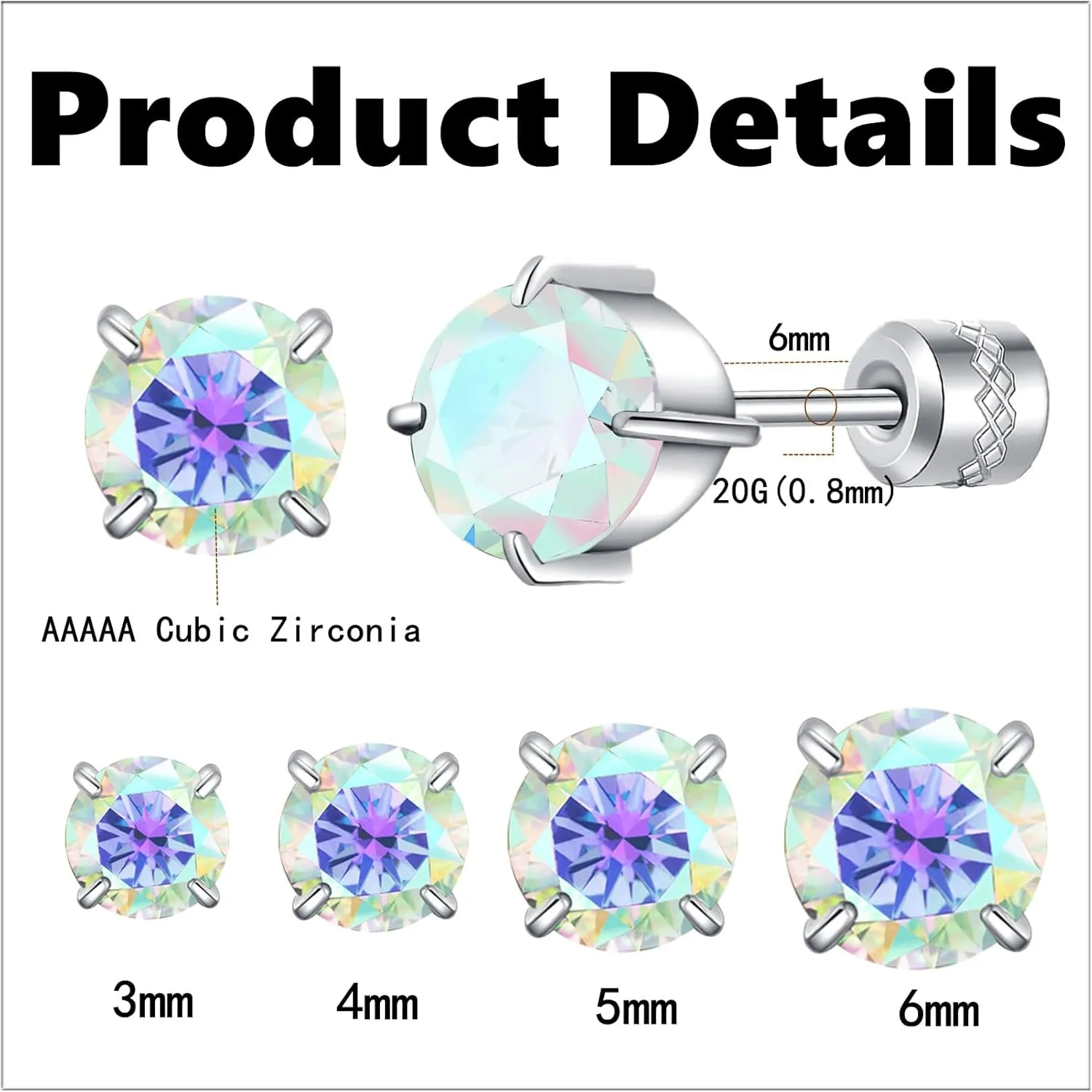 Hopply 4 Pairs Stud Earrings Set for Women Mens,Hypoallergenic Screw Back Titanium Surgical Stainless Steel 5A Cubic Zirconia Double Side Earrings Piercing Sleeper Studs Jewelry