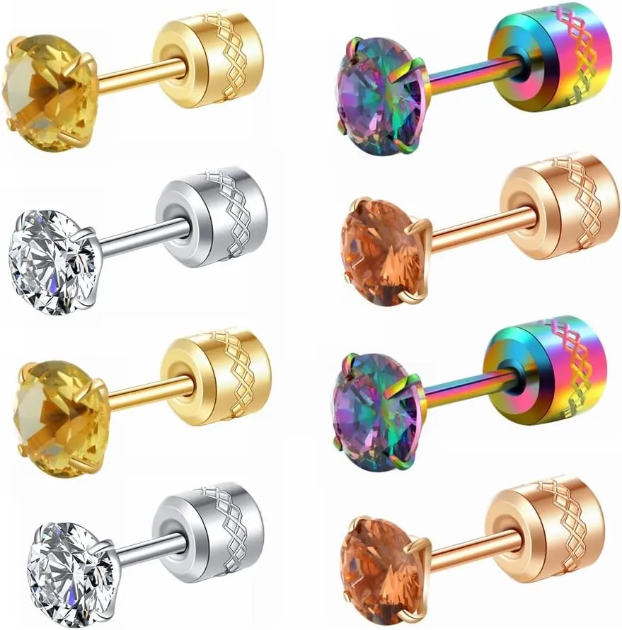 Hopply 4 Pairs Stud Earrings Set for Women Mens,Hypoallergenic Screw Back Titanium Surgical Stainless Steel 5A Cubic Zirconia Double Side Earrings Piercing Sleeper Studs Jewelry
