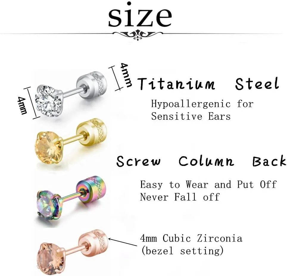 Hopply 4 Pairs Stud Earrings Set for Women Mens,Hypoallergenic Screw Back Titanium Surgical Stainless Steel 5A Cubic Zirconia Double Side Earrings Piercing Sleeper Studs Jewelry