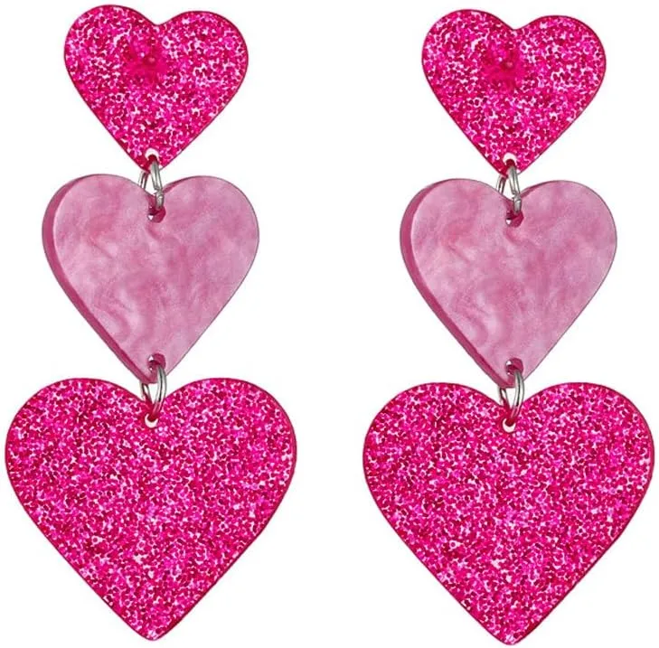 Hot Pink Heart Drop Earrings Long Cute Glitter Acrylic Love Heart Shaped Statement Earrings Valentines Day Gifts for Women
