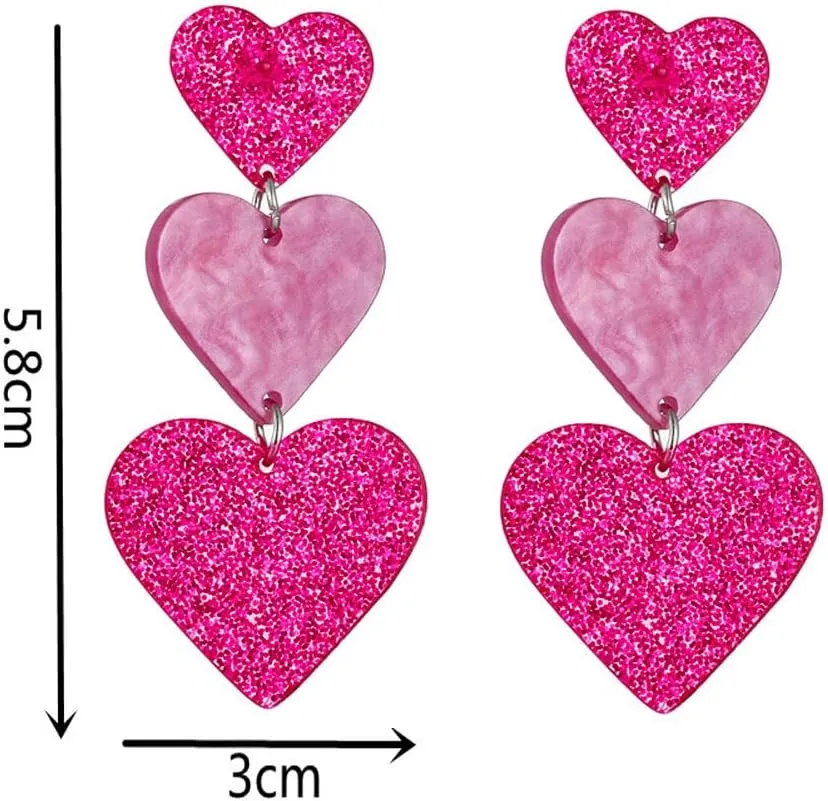 Hot Pink Heart Drop Earrings Long Cute Glitter Acrylic Love Heart Shaped Statement Earrings Valentines Day Gifts for Women
