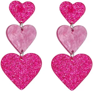 Hot Pink Heart Drop Earrings Long Cute Glitter Acrylic Love Heart Shaped Statement Earrings Valentines Day Gifts for Women