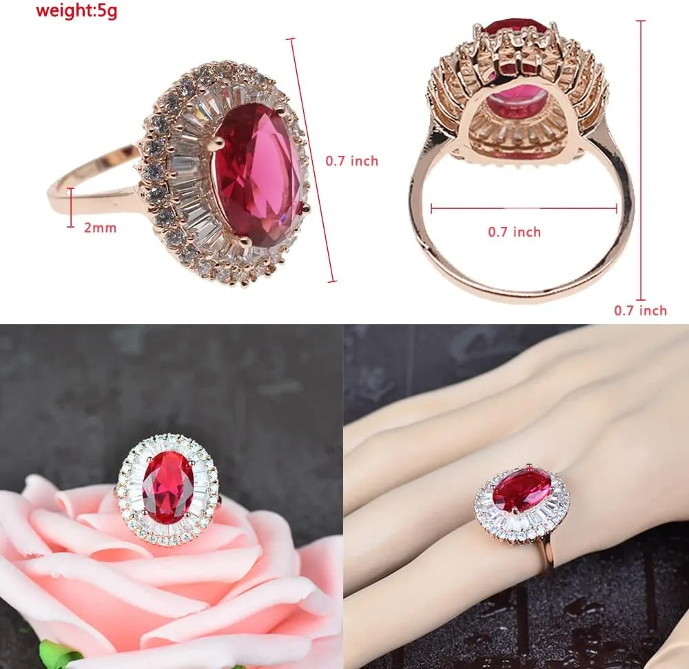 HSQYJ Red Oval Zircon Cocktail Statement Ring Fashion Geometry Crystal Engagement Wedding Bands Rings Luxury Jewelry for Women Gift Rose Gold Plated