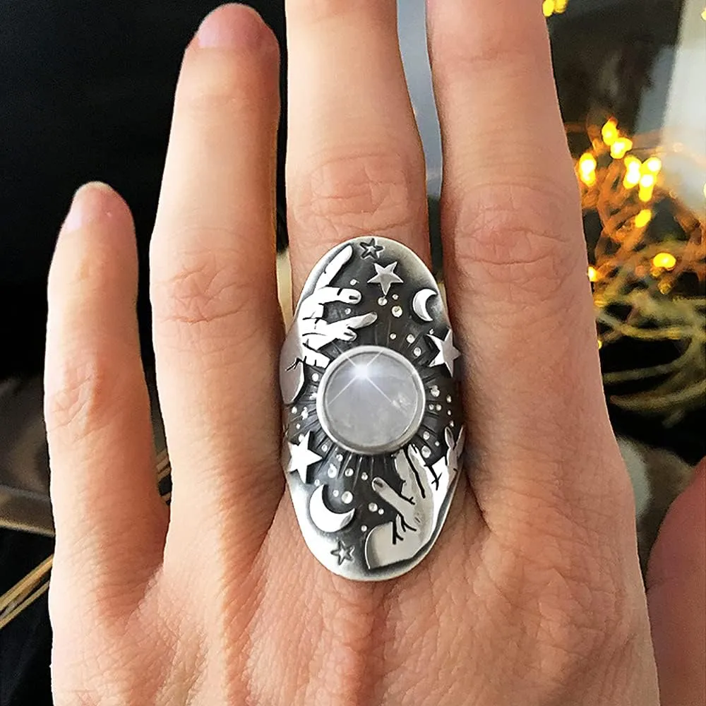 HSQYJ Retro Cocktail Statement Ring Gold Silver Two Tone Engagement Love Rings Wedding Bands Classical Carving Oval Cubic Zircon Luxury Party Woman Jewelry Finger Ring for Women Girl